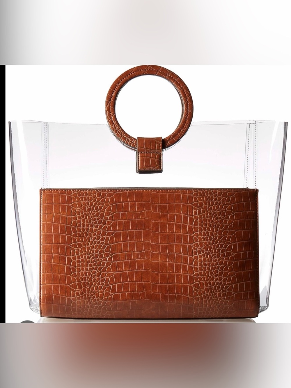 Vince Camuto Clear Tote with Croc-Embossed Brown Panel and Ring Handle